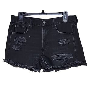 American Eagle Hi-Rise Festival Midi Black Jean Shorts, Distressed, Size 8